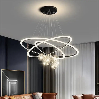 Modern minimalist circle ring pendant chandelier with sleek white led rings and crystal spheres for living room decorbites circle ring