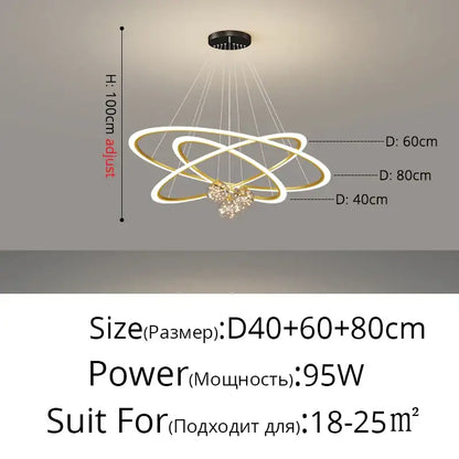 Modern gold-toned led decorbites circle ring pendant light with three interlocking rings and crystal heart pendant chandelier