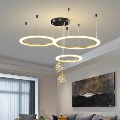 Modern minimalist decorbites circle ring pendant light in gold tone with black mount and crystal globe bedroom chandelier