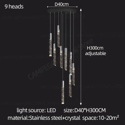 Modern minimalist crystal chrome led chandelier with nine slender stainless steel and crystal light heads for stairwell decorbites chrome led chandelier