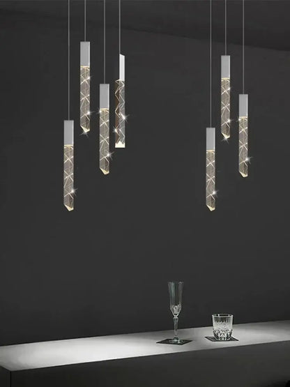 Modern minimalist crystal led pendant light with sleek rectangular acrylic bodies and intricate internal led lighting patterns
