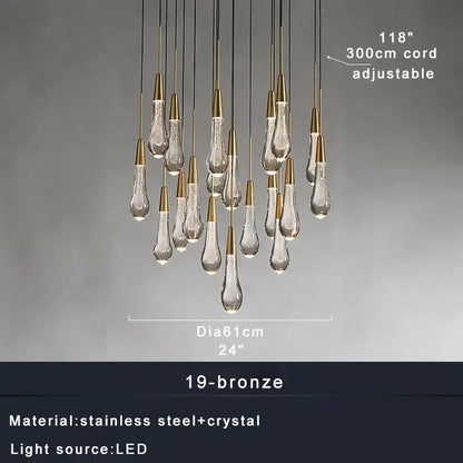 Modern minimalist ceiling chandelier with teardrop crystal pendants on bronze stainless steel cords by decorbites crystal water-drop