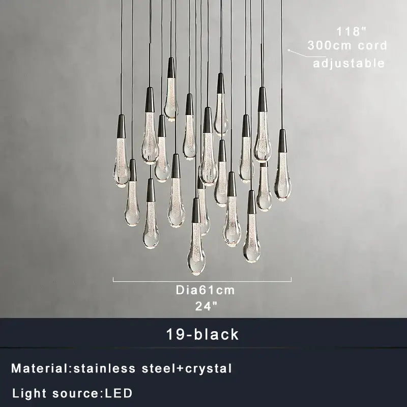 Modern minimalist black and clear decorbites crystal water-drop ceiling chandelier with stainless steel accents for dining room decor