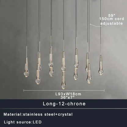 Modern minimalist ceiling chandelier with twelve teardrop decorbites crystal elements and stainless steel cords for dining room