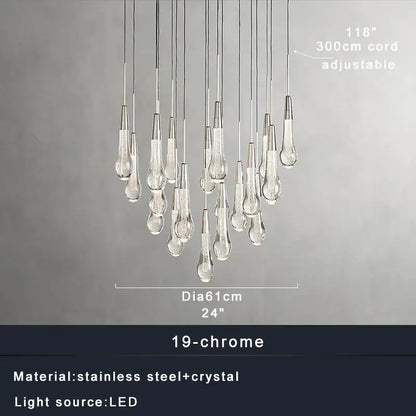Elegant modern minimalist ceiling chandelier with decorbites crystal water-drop pendants on 19-chrome stainless steel frame