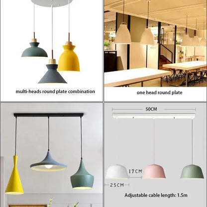 Modern minimalist decorbites ceiling chandelier with sleek rounded lamp base shades in yellow teal and gray for dining room