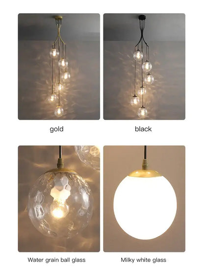 Gold-toned decorbites glass ball chandelier with textured water grain and smooth milky white globes for staircase lighting