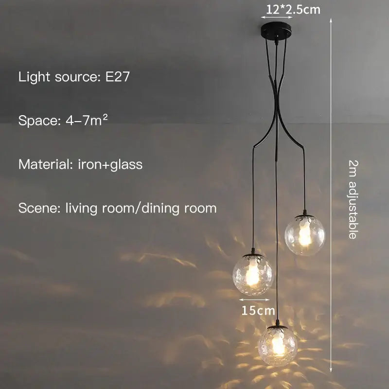 Black iron and glass decorbites glass ball pendant light with three spherical bulbs for modern minimalist decor