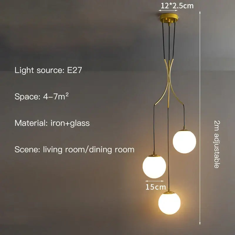 Modern minimalist decorbites glass ball chandelier with gold-toned iron frame and three spherical bulbs for staircase lighting