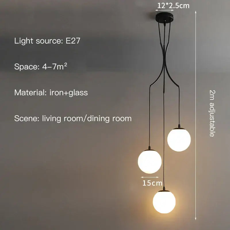 Modern minimalist decorbites glass ball chandelier with black iron frame and three white glass bulbs for staircase lighting
