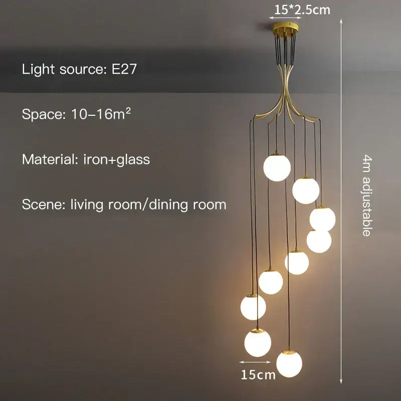Modern minimalist decorbites glass ball chandelier with seven brass-toned globes on adjustable iron frame for staircase lighting