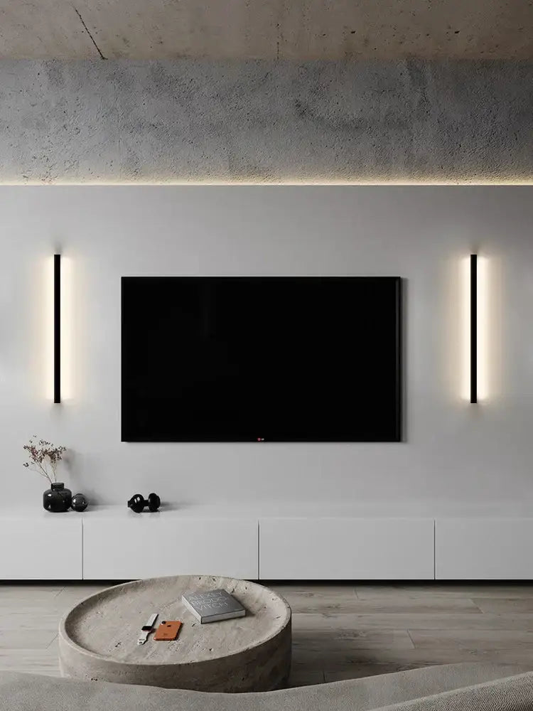 Modern minimalist elegant black led wall lamp with vertical light fixtures flanking a flat-screen television for bedroom decorbites elegant black wall lamp
