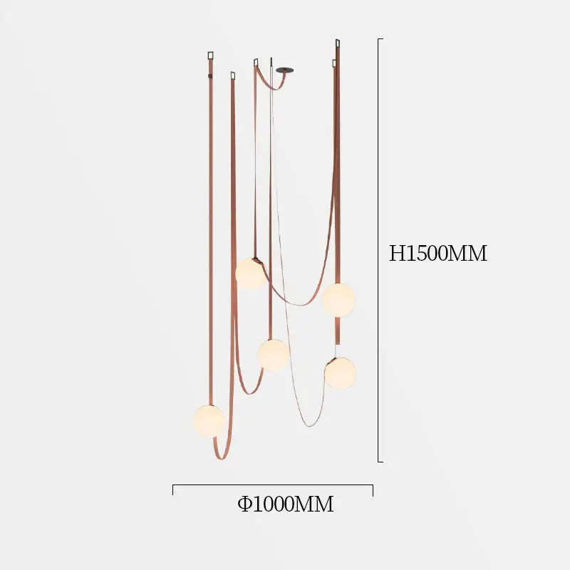 A modern minimalist copper pendant light with five frosted glass ball bulbs, ideal for dining room decorbites glass ball