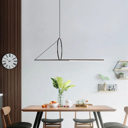 Minimalist black metal pendant light with geometric triangular design and circular accent for modern dining room decorbites geometric chandelier