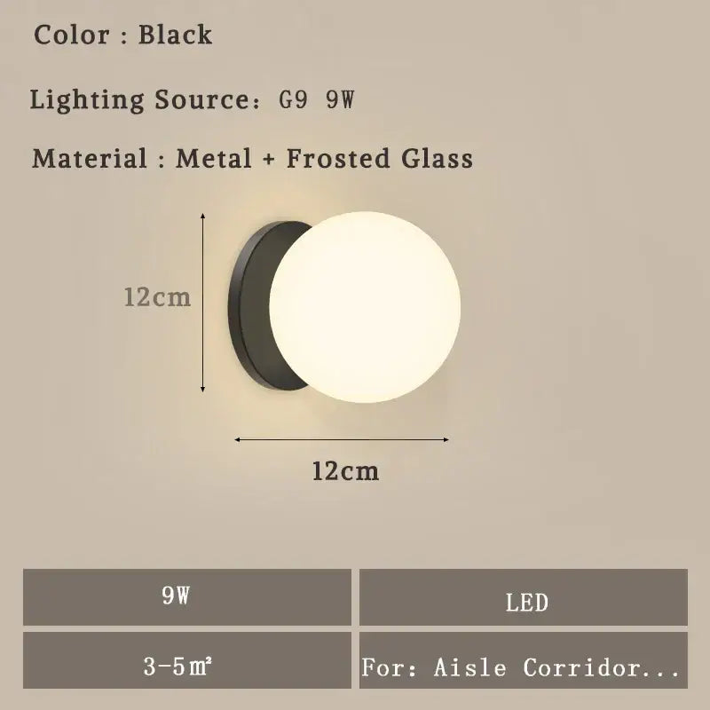 Modern minimalist black led wall lamp with metal base and frosted glass diffuser for bedroom sconce lighting