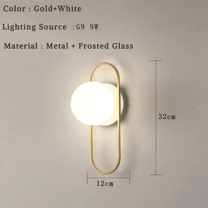 Modern minimalist led wall lamp with gold-toned metal frame and frosted white glass globe for bedroom sconce lighting