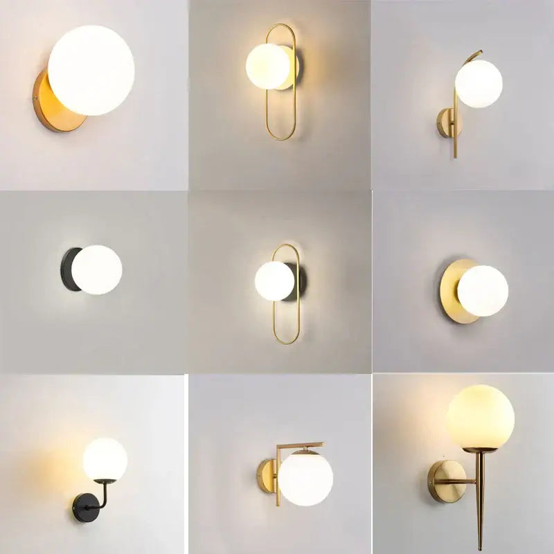 Modern minimalist glass ball led wall lamp with spherical frosted glass and metal frame in gold black or brass finishes