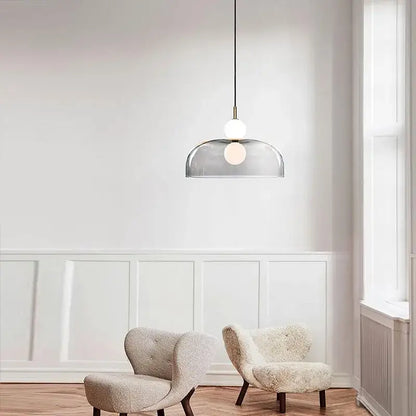 Modern minimalist pendant light with translucent gray glass ball domes and two bulbs by decorbites for living room decor