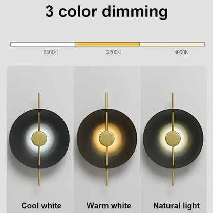 Modern minimalist black and gold led wall lamp with circular design and adjustable 3-color dimming for living room
