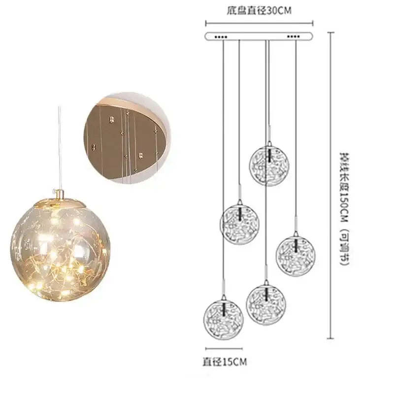 Modern minimalist gold decorbites glass chandelier with five spherical globes and intricate wirework for staircase lighting