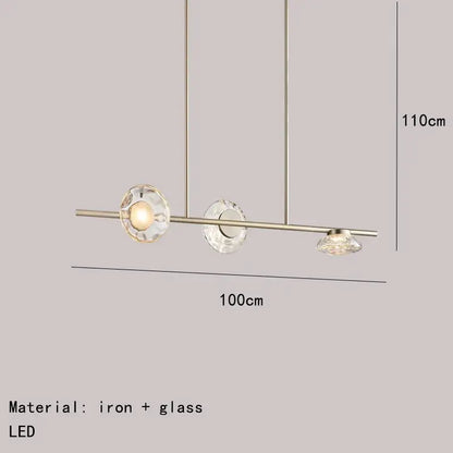 Modern minimalist gold glass led chandelier with a sleek iron frame and three faceted crystal glass led shades