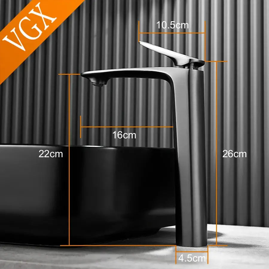 Modern minimalist high basin mixer faucet in black matte finish with chrome accents for cold water use