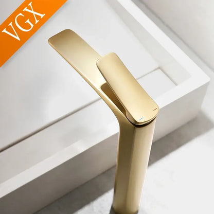 Modern minimalist gold high basin mixer faucet with sleek tall spout for cold water in bathroom basin