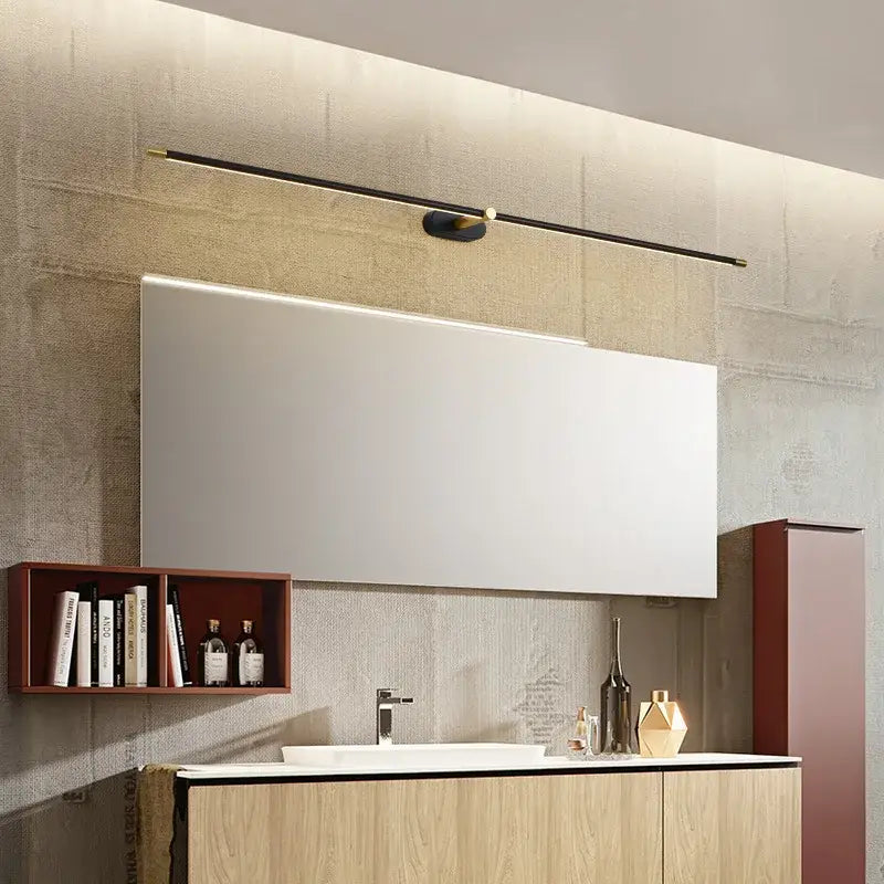 Modern minimalist gold led mirror light bathroom wall fixture with sleek rectangular frameless design and integrated led lighting