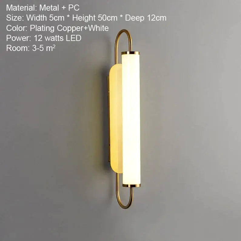 Modern minimalist gold led wall lamp with copper-plated metal and pc cylindrical diffuser for bedroom wall lamp use