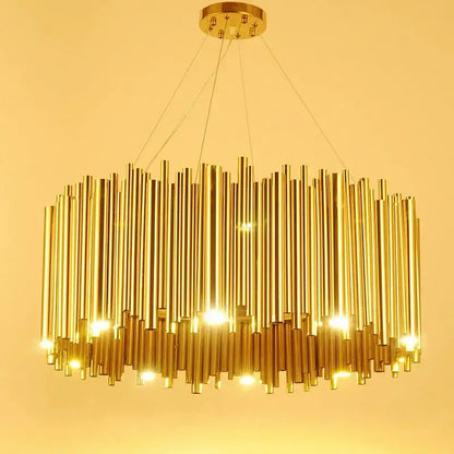 Modern minimalist gold stainless steel chandelier with vertical rods and embedded lights for living room decorbites gold stainless
