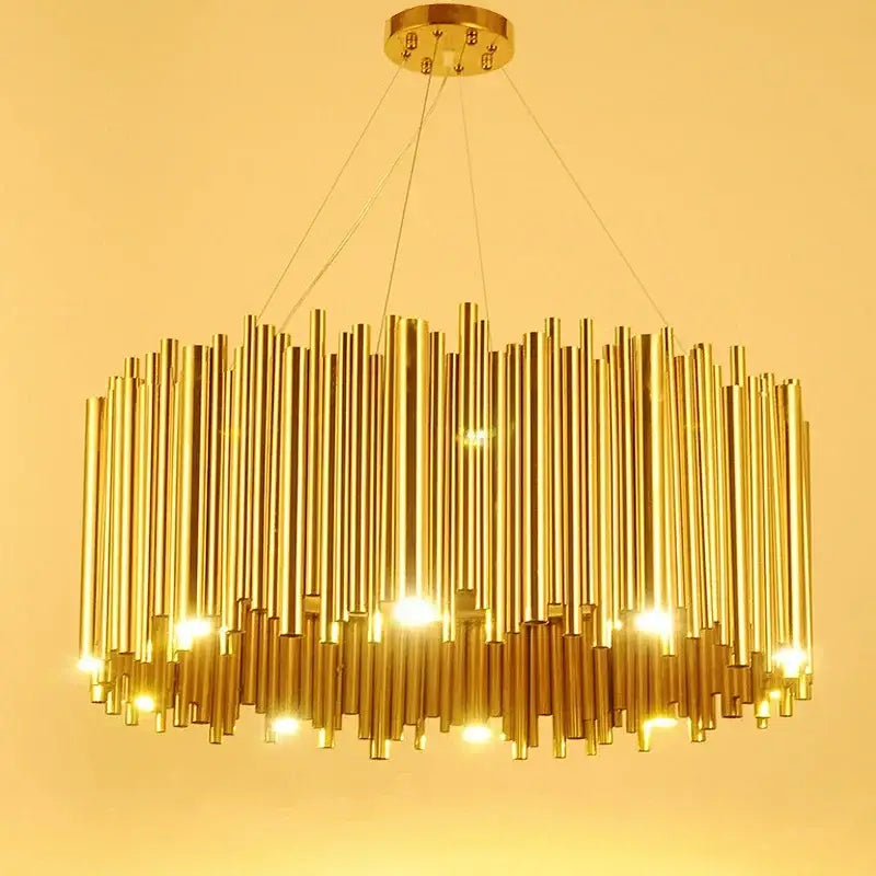 Modern minimalist gold stainless steel chandelier with vertical rods and embedded lights for living room decorbites gold stainless