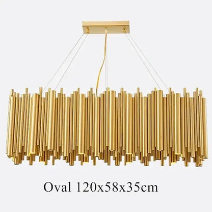 Modern minimalist gold stainless steel chandelier with oval vertical rods and rectangular ceiling mount for living room decorbites gold stainless