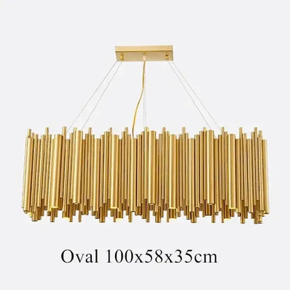 Modern minimalist gold stainless steel chandelier with rectangular mount and oval cylindrical rods for living room decorbites gold stainless