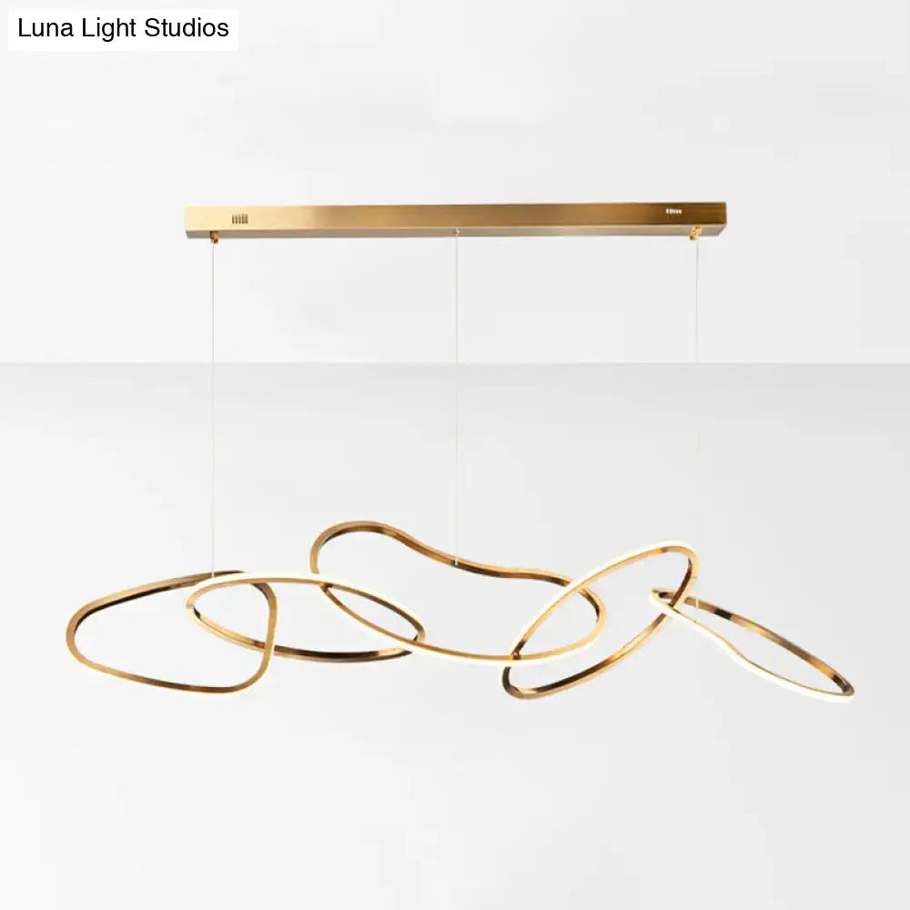 Modern minimalist golden led hanging light with sleek interlocking rings and rectangular ceiling mount for dining room