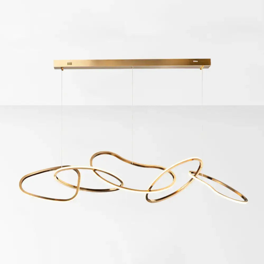 Modern minimalist golden led hanging light with sleek interlocking rings and rectangular ceiling mount for dining room