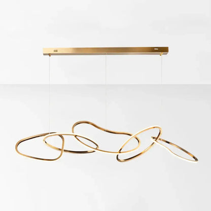 Modern minimalist golden led hanging light with sleek interlocking rings and rectangular ceiling mount for dining room