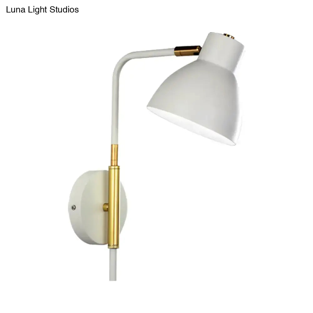 Modern minimalist white and brass wall-mounted reading lamp with curved arm and adjustable shade for e27 bulb use