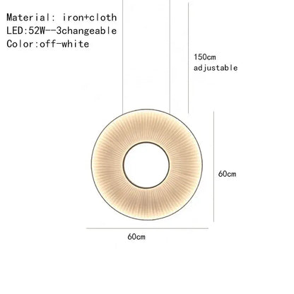 Off-white circular dix iris pendant light with ribbed fabric shade and iron frame for modern minimalist dining decor
