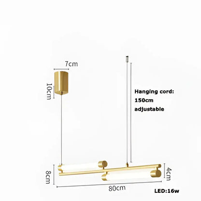 Modern minimalist led black gold designer chandelier with cylindrical fixture and two horizontal led bars on adjustable cord