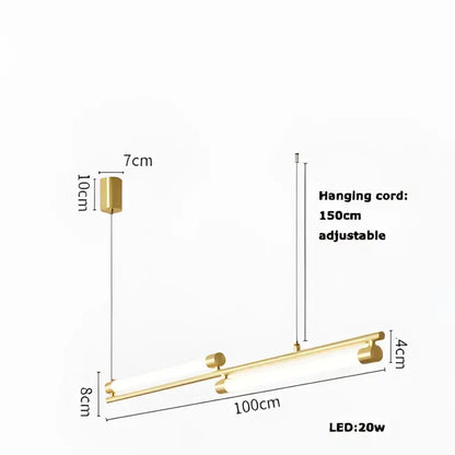 Gold-colored modern pendant light with sleek rectangular design and integrated led in a led black gold designer chandelier
