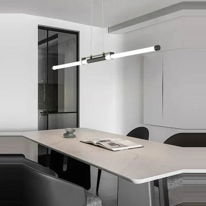 Modern minimalist led black gold designer chandelier with sleek cylindrical black and white accents for dining room decorbites led black