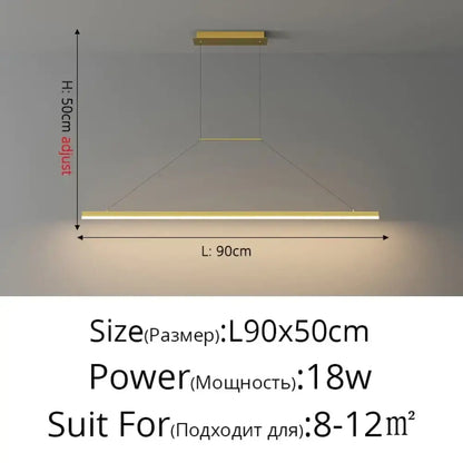 Modern minimalist led black pendant light with gold-finished linear design and adjustable height for dining room use