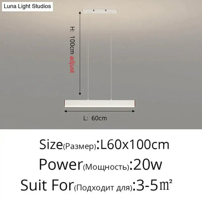 Modern minimalist led white rectangular pendant light with adjustable height 20w power for dining room use