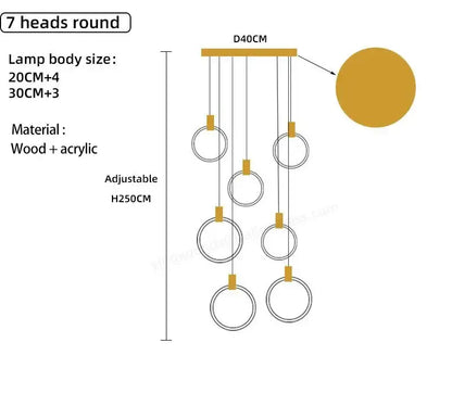 A modern minimalist led wooden staircase ceiling light with seven gold-toned acrylic rings suspended from a wooden base