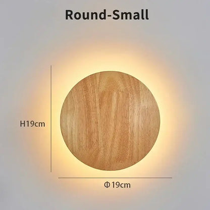 Modern minimalist decorbites led wooden wall lights featuring a circular smooth light brown wooden design for living room decor
