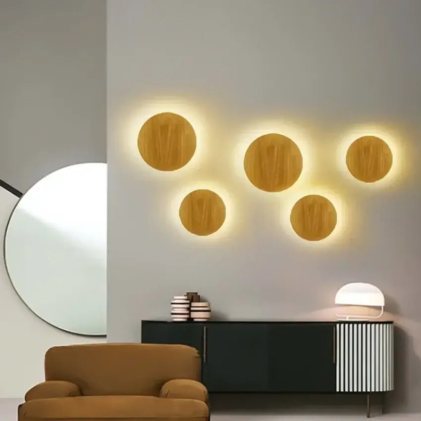 Five circular modern minimalist led wooden wall lights with warm glowing light for living room decorbites led wooden wall decor
