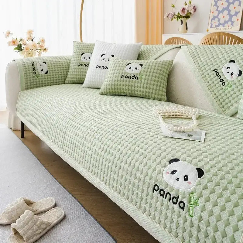 Modern minimalist light green woven fabric sofa cover with embroidered panda faces and panda lettering for living room seating