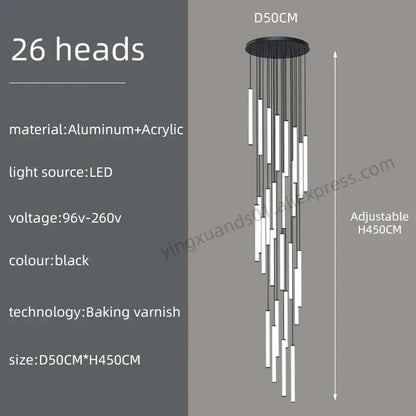 Modern minimalist loft black chandelier with 26 slender led light heads made of aluminum and acrylic by decorbites loft black