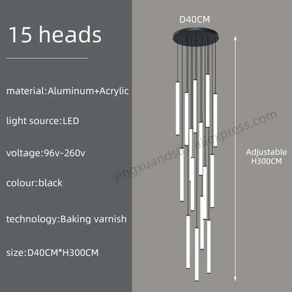 Black modern pendant light fixture with 15 vertical led heads made of aluminum and acrylic for decorbites loft black chandelier