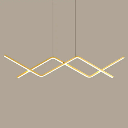 Modern gold-toned metal line art hanging LED pendant light with sleek intersecting design for dining room island